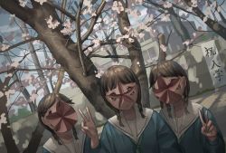 Rule 34 | 3girls, black hair, blouse, brown eyes, building, cherry blossoms, day, dutch angle, female focus, green neckwear, looking at viewer, low twin braids, multiple girls, original, outdoors, sailor collar, school uniform, shirt, short braid, smile, tensen (dotted line), tree, twin braids, v, what, white sailor collar