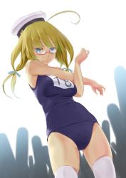 Rule 34 | 10s, 1girl, ahoge, blonde hair, blue eyes, breasts, glasses, hat, highres, i-8 (kancolle), kantai collection, large breasts, long hair, looking at viewer, low twintails, one-piece swimsuit, red-framed eyewear, school swimsuit, solo, swimsuit, thighhighs, twintails, wa (genryusui), white thighhighs