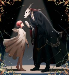 Rule 34 | 1boy, 1girl, barefoot, black cape, black jacket, black pants, cape, chain, cuffs, dress, elias ainsworth, eye contact, from side, full body, green eyes, handcuffs, hatori chise, highres, holding, jacket, looking at another, mahou tsukai no yome, maka, pants, parted lips, red eyes, shirt, short dress, skull, standing, white cape, white dress, white shirt