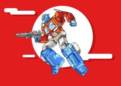 Rule 34 | 1boy, autobot, blue eyes, clenched hand, from side, gun, highres, holding, holding gun, holding weapon, jumping, konachang, male focus, mecha, no humans, optimus prime, robot, science fiction, solo, transformers, weapon