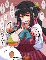Rule 34 | 1girl, bikini, black hair, blue neckwear, blush, breasts, can, chopsticks, commentary request, covered erect nipples, fang, food, hair ribbon, holding, holding can, kaeruyama yoshitaka, kantai collection, large breasts, long hair, long sleeves, multicolored hair, naganami (kancolle), one breast out, open mouth, pink hair, pouring, pouring onto self, ribbon, simple background, skin fang, sweat, swimsuit, translation request, two-tone hair, upper body, wavy hair, wet, yellow bikini, yellow eyes