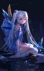 Rule 34 | 1girl, bare shoulders, blue dress, closed mouth, copyright request, crying, crying with eyes open, crystal, dress, elbow gloves, forehead jewel, gloves, hair ornament, highres, long hair, looking at viewer, looking to the side, parted bangs, red eyes, sitting, sleeveless, sleeveless dress, solo, swd3e2, tears, thighhighs, twintails, very long hair, wariza, white gloves, white hair, white thighhighs
