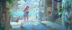 Rule 34 | 3girls, absurdres, ahoge, aqua hair, balloon, barefoot, bikini, bird, blue bikini, blue sky, blush, boat, brown hair, building, chinese commentary, commentary request, day, goose, highres, kivb, long hair, looking at viewer, mountain, multiple girls, open mouth, original, outdoors, purple hair, scenery, short hair, sky, swimsuit, wading, water, watercraft