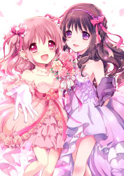 Rule 34 | 10s, 2girls, akemi homura, alternate costume, alternate hairstyle, bare shoulders, black hair, blush, bouquet, bow, braid, dress, earrings, flower, gloves, hair ribbon, hairband, highres, jewelry, kaname madoka, lipstick, long hair, looking at viewer, mahou shoujo madoka magica, mahou shoujo madoka magica (anime), makeup, multiple girls, necklace, outstretched hand, petals, pink dress, pink eyes, pink hair, purple dress, purple eyes, purple gloves, red eyes, ribbon, sleeveless, sleeveless dress, smile, twintails, white gloves, yamada ako