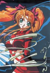 Rule 34 | 1990s (style), 1girl, ahoge, arms behind back, blue background, cleavage cutout, clothing cutout, cowboy shot, drill hair, green eyes, ishida atsuko, long sleeves, looking at viewer, navel, official art, orange hair, parted bangs, parted lips, pink lips, red skirt, retro artstyle, shamanic princess, sidelocks, skirt, solo, tiara (shamanic princess), twin drills