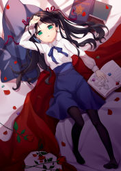 Rule 34 | 1girl, arm at side, arm up, bed sheet, black hair, black pantyhose, blue ribbon, blue skirt, book, book stack, collared shirt, fate/stay night, fate (series), feet, flower, from above, full body, hand on forehead, hexagram, high-waist skirt, leaf, long hair, long skirt, long sleeves, looking at viewer, lying, neck ribbon, no shoes, o-yatsu, on back, open book, pantyhose, petals, red flower, red rose, ribbon, rose, shirt, skirt, solo, star of david, tohsaka rin, white shirt, wing collar