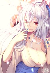 Rule 34 | 1girl, animal ear fluff, animal ears, antenna hair, bare shoulders, blue nails, blue ribbon, blurry, blurry background, breasts, chita (ketchup), cleavage, collarbone, commentary request, fingernails, fox ears, fox girl, fox tail, grey kimono, hair between eyes, hair ribbon, hands up, head tilt, highres, japanese clothes, kimono, large breasts, long fingernails, long hair, long sleeves, looking at viewer, nail polish, obi, off shoulder, original, petals, red eyes, ribbon, sash, sharp fingernails, short eyebrows, signature, smile, solo, standing, tail, tail raised, thick eyebrows, uneven eyes, white hair, wide sleeves