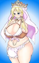 Rule 34 | 1girl, absurdres, alternate costume, belly, bikini, blonde hair, blue background, blue eyes, blush, breasts, crown, elicia (luminous arc 2), fat rolls, gradient background, hayase chachacha, highres, huge breasts, luminous arc, luminous arc 2, maid, maid bikini, navel, plump, sidelocks, solo, standing, swimsuit, thick thighs, thighs, unconventional maid, veil