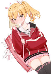 Rule 34 | 1girl, beijuu, black thighhighs, blonde hair, blue archive, blush, brown eyes, closed mouth, cowboy shot, dutch angle, jacket, looking at viewer, pink bag, pink skirt, pleated skirt, red jacket, simple background, skirt, sleeves past wrists, solo, thighhighs, twintails, white background, yoshimi (blue archive)