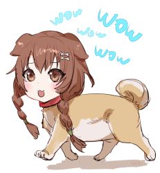 Rule 34 | 1girl, :3, animal ears, animalization, blush, bow (bhp), braid, brown eyes, brown hair, catchphrase, dog, dog ears, hair ornament, hairclip, hololive, human head, inugami korone, long hair, looking at viewer, smile, solo, twin braids, virtual youtuber, walking, white background