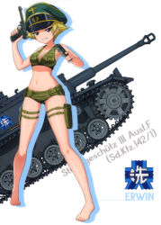 Rule 34 | 10s, 1girl, absurdres, armpits, barefoot, bikini, blonde hair, breasts, brown eyes, caterpillar tracks, character name, cleavage, emblem, erwin (girls und panzer), full body, girls und panzer, green bikini, grin, gun, hat, highres, holding, holding gun, holding weapon, holster, medium breasts, military, military hat, military vehicle, motor vehicle, navel, ooarai (emblem), shiny skin, short hair, simple background, smile, solo, standing, sturmgeschutz iii, swimsuit, tank, thigh holster, weapon, white background