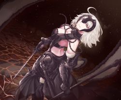 Rule 34 | 1girl, armor, blonde hair, breasts, chain, cleavage, fate/grand order, fate (series), from above, from behind, gauntlets, gorget, headpiece, highres, jeanne d&#039;arc (fate), jeanne d&#039;arc alter (avenger) (fate), jeanne d&#039;arc alter (fate), pale skin, ru 251, sheath, short hair, solo, sword, water, weapon, wind, yellow eyes
