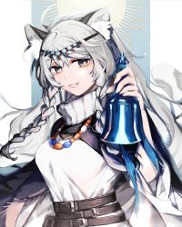 Rule 34 | 1girl, :d, animal ear fluff, animal ears, arknights, bell, belt, belt buckle, braid, breasts, bright pupils, brown eyes, buckle, circlet, dress, grey hair, grin, highres, holding, holding bell, jewelry, large breasts, leopard ears, leopard girl, leopard tail, long hair, long sleeves, looking at viewer, necklace, open mouth, parted lips, pramanix (arknights), smile, solo, sun, tail, turtleneck, turtleneck dress, twin braids, upper body, white dress, wide sleeves, yoshiga