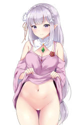 Rule 34 | 10s, 1girl, bare shoulders, bottomless, braid, breasts, censored, cleavage, closed mouth, clothes lift, clothing cutout, cowboy shot, crown braid, crystal, detached collar, dress, dress lift, elf, emilia (re:zero), eyebrows, flower, hair flower, hair ornament, hair ribbon, heart, heart censor, kaetzchen, lifting own clothes, long hair, long sleeves, looking at viewer, low-tied long hair, medium breasts, navel, no panties, pink dress, pointy ears, pussy, re:zero kara hajimeru isekai seikatsu, revision, ribbon, shoulder cutout, silver hair, simple background, smile, solo, thigh gap, white background, white flower, wide sleeves, yellow ribbon