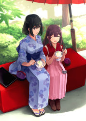 Rule 34 | 2girls, bag, barefoot sandals (jewelry), bench, black hair, black skirt, boots, bow, breasts, brown eyes, closed eyes, cross-laced footwear, cup, day, eating, food, forest, full body, grass, haguro (kancolle), hair between eyes, hair bow, hair ornament, hakama, hakama skirt, happy, highres, holding, holding food, holding spoon, ice cream, japanese clothes, kamikaze (kancolle), kantai collection, kimono, lace-up boots, leaf print, long sleeves, medium breasts, meiji schoolgirl uniform, multiple girls, nature, oil-paper umbrella, open mouth, outdoors, pink hakama, plant, purple hair, purple kimono, red kimono, ribbon, sash, short hair, sitting, skirt, spoon, tomoyo kai, tree, umbrella, wide sleeves, yellow bow, yellow ribbon