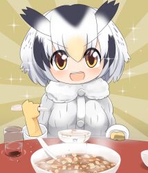 Rule 34 | 1girl, :d, black hair, blush, bowl, breasts, buttons, coat, commentary request, cup, food, fur collar, gloves, grey coat, highres, holding, holding spoon, japari symbol, kemono friends, lets0020, looking at viewer, medium bangs, medium breasts, multicolored hair, northern white-faced owl (kemono friends), open mouth, short hair, smile, solo, soup, sparkle, spoon, sunburst, sunburst background, teeth, upper body, upper teeth only, water, white hair, yellow background, yellow eyes, yellow gloves