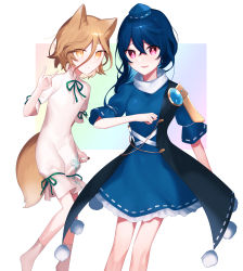 Rule 34 | 2girls, absurdres, animal ears, arm up, blonde hair, blue dress, blue hair, blue headwear, blue sleeves, bow, closed mouth, dress, eyes visible through hair, fox ears, fox tail, gem, gradient background, green bow, hair between eyes, hand up, hat, highres, iizunamaru megumu, jewelry, jumpsuit, kudamaki tsukasa, looking at viewer, medium hair, multiple girls, nemachi, open mouth, pink eyes, pom pom (clothes), rainbow background, short sleeves, simple background, smile, socks, standing, tail, touhou, unconnected marketeers, white background, white jumpsuit, white legwear, white sleeves, yellow eyes