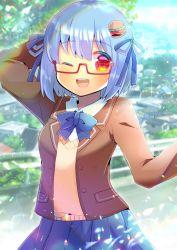 Rule 34 | 1girl, ;d, arm behind head, arm up, blazer, blue bow, blue hair, blue ribbon, blue skirt, blurry, blurry background, blush, borrowed character, bow, brown jacket, burger hair ornament, collared shirt, day, depth of field, food-themed hair ornament, glasses, hair between eyes, hair ornament, hair ribbon, hamburger-chan (nekoume), jacket, kou hiyoyo, looking at viewer, one eye closed, open clothes, open jacket, open mouth, original, outdoors, pleated skirt, red-framed eyewear, red eyes, ribbon, semi-rimless eyewear, shirt, skirt, smile, solo, sweater vest, teeth, under-rim eyewear, upper teeth only, white shirt