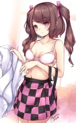 Rule 34 | 1girl, artist name, bad id, bad pixiv id, bare arms, bra, breasts, brown hair, checkered clothes, checkered skirt, cleavage, collarbone, cowboy shot, hair ribbon, highres, himekaidou hatate, long hair, looking at viewer, maremay0513, pink bra, pink skirt, purple eyes, ribbon, shirt, unworn shirt, signature, skirt, small breasts, solo, touhou, twintails, underwear, white shirt