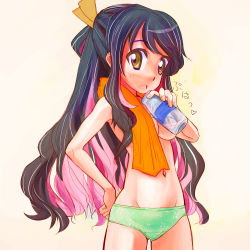 Rule 34 | 10s, 1girl, black hair, breasts, female focus, kantai collection, long hair, multicolored hair, naganami (kancolle), navel, open mouth, panties, pink hair, solo, topless, towel, towel around neck, tsukiyono aroe, underwear