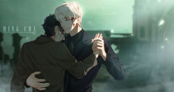 Rule 34 | 2boys, artist name, black hair, black necktie, black shirt, black suit, bleeding, blonde hair, blood, blue eyes, castle, closed eyes, closed mouth, crying, draco malfoy, facial scar, formal, glasses, hand on another&#039;s back, harry potter, harry potter (series), hogwarts, holding hands, leaning on person, looking at another, male focus, ming cha, multiple boys, necktie, outdoors, scar, scar on cheek, scar on face, scar on nose, shirt, short hair, suit, tears, wizarding world, yaoi
