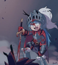 Rule 34 | 1girl, alternate costume, alternate universe, angry, armor, belt, black legwear, blood, blood on face, blue eyes, blue hair, boots, brick st, cape, chain, clenched hands, cloud, cloudy sky, gloves, helmet, highres, hilda (hilda), hilda (series), holding, holding weapon, knight, long hair, open mouth, red gloves, shouting, signature, skirt, sky, solo, sword, tears, torn clothes, weapon
