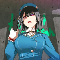 Rule 34 | 10s, 1girl, ascot, bebebe (pepegakii), beret, black hair, breasts, commentary request, frilled sleeves, frills, gesugao, gloves, hand up, hat, highres, index finger raised, jacket, kantai collection, large breasts, looking at viewer, military, military uniform, open mouth, red eyes, short hair, solo, takao (kancolle), uniform, upper body, wall