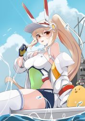 Rule 34 | 1girl, animal, ayanami (azur lane), azur lane, bare shoulders, bird, black gloves, blue sky, breasts, chick, cloud, cloudy sky, covered navel, day, food, gloves, hair between eyes, hat, headgear, high ponytail, highres, holding, holding food, ice cream, jacket, lifebuoy, light brown hair, long hair, long sleeves, manjirou (manji illust), manjuu (azur lane), medium breasts, off shoulder, one-piece swimsuit, open clothes, open jacket, outdoors, ponytail, red eyes, sitting, sky, solo, swim ring, swimsuit, thighhighs, tongue, tongue out, very long hair, visor cap, water, water drop, white hat, white jacket, white one-piece swimsuit, white thighhighs