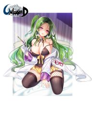 Rule 34 | 1girl, absurdres, black thighhighs, blush, breasts, breath, eyewear hang, unworn eyewear, fangs, full body, gloves, green hair, heart, heart-shaped pupils, highres, lab coat, large breasts, long hair, long sleeves, looking at viewer, maett, miniskirt, off shoulder, official art, on bed, one side up, parted lips, pink eyes, school nurse, skirt, smile, solo, symbol-shaped pupils, syringe, thighhighs, unleashed, white gloves, yandere