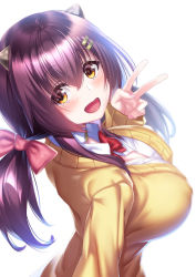 Rule 34 | 1girl, :d, azur lane, blurry, blurry background, bow, bowtie, breasts, choker, cleavage, collared shirt, hair between eyes, hair ornament, hairclip, hand up, horns, ken ill, large breasts, long sleeves, looking at viewer, nagara (azur lane), nail polish, nipples, no bra, official alternate costume, open clothes, open mouth, open shirt, red bow, red bowtie, red eyes, shirt, short twintails, simple background, smile, solo, sweater, twintails, upper body, v, white background, white choker, yellow eyes, yellow sweater