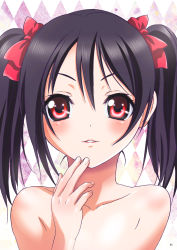 Rule 34 | 1girl, absurdres, argyle, argyle background, argyle clothes, black hair, bow, collarbone, completely nude, hair between eyes, hair bow, highres, long hair, looking at viewer, love live!, love live! school idol project, nanno koto, nude, page number, parted lips, portrait, red bow, red eyes, shiny skin, solo, twintails, yazawa nico