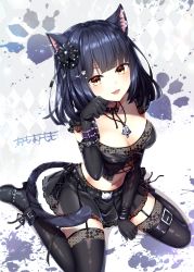 Rule 34 | 1girl, animal ears, bare shoulders, bell, belt, black gloves, black hair, black ribbon, black skirt, black thighhighs, blunt bangs, blush, breasts, cat day, cat ears, cat tail, cleavage, commentary request, corset, detached sleeves, fangs, garter straps, gloves, goth fashion, hair between eyes, hair ornament, hairclip, highres, jewelry, looking at viewer, medium breasts, medium hair, miniskirt, navel, necklace, omoomomo, open mouth, original, paw pose, ribbon, shoes, simple background, sitting, skirt, smile, solo, stomach, tail, thighhighs, wariza, yellow eyes