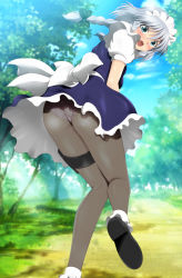 Rule 34 | 1girl, :o, ass, blurry, blurry background, blush, braid, breasts, day, dress, embarrassed, female focus, forest, from behind, green eyes, groin, hair ribbon, highres, izayoi sakuya, knees together feet apart, legs, long hair, maid, maid headdress, medium breasts, nature, open mouth, outdoors, panties, panties under pantyhose, pantyhose, pantyshot, ribbon, shoes, silver hair, single braid, sky, solo, standing, thigh strap, thighs, touhou, tree, underwear, upskirt, yadokari genpachirou