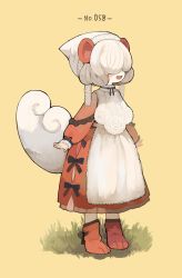 Rule 34 | 1girl, :d, absurdres, animal ears, boots, bow, copyright request, dress, fang, full body, grass, hair over eyes, highres, long sleeves, open mouth, sakutake (ue3sayu), short hair, simple background, smile, solo, standing, tail, white hair