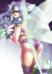 Rule 34 | 1girl, ass, digimon, digimon (creature), fairimon, fairy, fairy wings, female focus, gloves, highres, huge ass, long hair, looking back, mask, purple hair, revealing clothes, shiny skin, solo, v, very long hair, wings