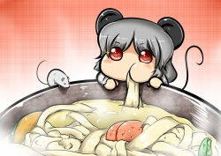 Rule 34 | 1girl, :t, animal ears, bad id, bad pixiv id, bowl, chibi, eating, female focus, food, futaba suetsuki, glint, grey hair, jewelry, mini person, minigirl, mouse (animal), mouse ears, mouse tail, nazrin, noodles, pendant, pun, red eyes, short hair, solo, sparkle, tail, touhou, udon