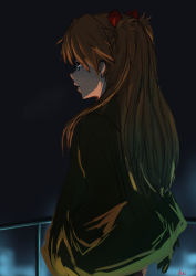 Rule 34 | 1girl, artist name, blue eyes, brown hair, evangelion: 3.0+1.0 thrice upon a time, from behind, from side, green jacket, hair ornament, hairclip, hand in pocket, highres, hood, hood down, jacket, long hair, neon genesis evangelion, rebuild of evangelion, serious, solo, souryuu asuka langley, standing