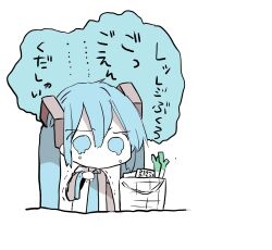 Rule 34 | 1girl, bag, black sleeves, blue eyes, blue hair, blue necktie, chibi, commentary request, crying, crying with eyes open, hair between eyes, hair ornament, hatsune miku, highres, long hair, long sleeves, necktie, shirt, simple background, solo, speech bubble, spring onion, tears, translation request, trembling, twintails, vocaloid, white background, white shirt, xxxx saki