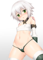 Rule 34 | 1girl, arm belt, bandaged arm, bandages, bare shoulders, black panties, black thighhighs, blush, breasts, facial scar, fate/apocrypha, fate/grand order, fate (series), gloves, green eyes, hair between eyes, highleg, highleg panties, jack the ripper (fate/apocrypha), looking at viewer, navel, panties, sarashi, scar, scar across eye, scar on cheek, scar on face, shoulder tattoo, silver hair, single glove, small breasts, solo, tattoo, thighhighs, toshishikisai, underwear