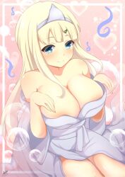 Rule 34 | 1girl, areola slip, bare shoulders, betterthanbone2, blonde hair, blue eyes, blunt bangs, blush, body blush, breasts, bubble, cleavage, closed mouth, ghost costume, ghost pose, hair ornament, hairclip, heart, heart background, highres, infinity symbol, japanese clothes, kimono, large breasts, long hair, looking at viewer, obi, pink background, right-over-left kimono, sash, senran kagura, senran kagura shoujo-tachi no shin&#039;ei, shiny skin, shiroshouzoku, signature, smile, solo, thighs, triangular headpiece, white kimono, wide sleeves, yomi (senran kagura)