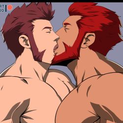 Rule 34 | 2boys, absurdres, beard, brown hair, couple, crestren, closed eyes, facial hair, fate/grand order, fate (series), french kiss, highres, iskandar (fate), kiss, large pectorals, long sideburns, male focus, multiple boys, muscular, napoleon bonaparte (fate), open mouth, paid reward available, pectoral press, pectorals, red hair, sideburns, simple background, tongue, topless male, yaoi
