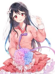 Rule 34 | 1girl, backlighting, bad id, bad twitter id, black hair, blue flower, bouquet, breasts, commentary request, dutch angle, flower, hair ornament, hand up, holding, holding bouquet, korean clothes, liby (libtnvd), long hair, long sleeves, looking at viewer, medium breasts, open mouth, original, petticoat, pink flower, pink skirt, purple flower, purple ribbon, red eyes, ribbon, simple background, skirt, smile, solo, teeth, upper body, veil, white background