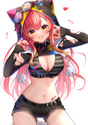 Rule 34 | 1girl, animal hood, belt, black nails, black shirt, black shorts, breasts, cleavage, cleavage cutout, clothing cutout, collar, cowboy shot, crop top, drawstring, fang, goggles, goggles on headwear, hands up, highres, hood, large breasts, long hair, long sleeves, looking at viewer, midriff, multicolored hair, nail polish, navel, nekota tsuna, open mouth, orange eyes, red hair, shirt, short shorts, shorts, simple background, smile, solo, stomach, streaked hair, striped clothes, striped shirt, thighs, toki (toki ship8), torn clothes, torn sleeves, virtual youtuber, vspo!, white background