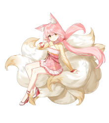 Rule 34 | 1girl, alternate hair color, animal ear fluff, animal ears, ankle bell, arm support, bow, cleavage cutout, closed mouth, closers, clothing cutout, dress, flat chest, fox ears, fox girl, fox shadow puppet, fox tail, full body, hair bow, hand up, high heels, highres, kitsune, kyuubi, layered dress, long hair, long sleeves, looking at viewer, low twintails, lucy (closers), multiple tails, official art, pink bow, pink dress, pink hair, see-through, see-through sleeves, sitting, sitting on tail, smile, solo, tachi-e, tail, twintails, two-tone dress, wedge heels, white background, white footwear, yellow dress, yellow eyes, yellow sleeves, yellow tail
