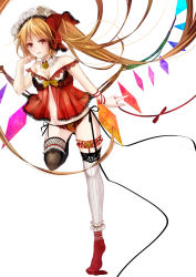 Rule 34 | 1girl, absurdly long hair, arm ribbon, asymmetrical legwear, babydoll, bad id, bad pixiv id, blonde hair, bow, breasts, chemise, cleavage, dress, flandre scarlet, full body, garter belt, hat, highres, lace, lace-trimmed dress, lace-trimmed legwear, lace trim, legwear garter, long hair, looking at viewer, memai, mismatched legwear, mob cap, off shoulder, panties, parted lips, red eyes, ribbon, see-through, side-tie panties, side ponytail, simple background, solo, thighhighs, touhou, underwear, underwear only, very long hair, white background, wings