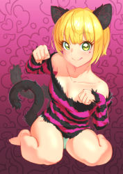 Rule 34 | 10s, 1girl, :q, animal ears, aqua panties, bare shoulders, barefoot, blonde hair, blunt bangs, blush, bob cut, breasts, cat ears, cat tail, cleavage, clenched hands, collarbone, downblouse, eyebrows, eyelashes, facial mark, gradient background, green eyes, heart, highres, idolmaster, idolmaster cinderella girls, kemonomimi mode, long sleeves, miyamoto frederica, multiple tails, no pants, noname (metaldragonfly), off shoulder, panties, pantyshot, paw pose, shirt, short hair, sitting, small breasts, solo, striped clothes, striped shirt, tail, tongue, tongue out, underwear