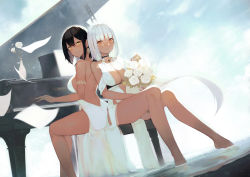 Rule 34 | 2girls, absurdres, armlet, azur lane, backless dress, backless outfit, bare shoulders, black hair, blue sky, blush, bouquet, breasts, brown eyes, cleavage, closed mouth, cloud, cloudy sky, commentary, dark-skinned female, dark skin, day, dress, earrings, facial mark, flower, forehead mark, full body, highres, huge filesize, instrument, jewelry, long hair, looking at viewer, looking back, massachusetts (azur lane), massachusetts (dressed to impress) (azur lane), medium breasts, multiple girls, natsumoka, outdoors, partially submerged, piano, piano bench, short hair, silver hair, simple background, sitting, sky, smile, south dakota (azur lane), south dakota (solo concert) (azur lane), thighs, water, white dress