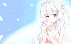 Rule 34 | 1girl, alternate costume, arashiki mamizu, azur lane, bare shoulders, blue eyes, blue sky, blunt bangs, blush, braid, breasts, bridal gauntlets, bridal veil, choker, cleavage, closed mouth, collarbone, dress, elbow gloves, feathers, french braid, gloves, glowing, hair ornament, hair ribbon, hat, highres, illustrious (azur lane), illustrious (morning star of love and hope) (azur lane), jewelry, large breasts, long hair, looking at viewer, low twintails, mole, mole under eye, no bra, own hands together, ribbon, ring, sky, smile, solo, tress ribbon, twintails, upper body, veil, wedding band, wedding dress, white dress, white gloves, white hair
