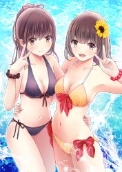 Rule 34 | 2girls, bad id, bad pixiv id, bikini, bracelet, breasts, brown hair, chikuwa (glossymmmk), chikuwa (odennabe), cleavage, flower, front-tie top, hair flower, hair ornament, halterneck, highres, jewelry, long hair, looking at viewer, md5 mismatch, medium breasts, multiple girls, navel, open mouth, original, ponytail, short hair, side-tie bikini bottom, skindentation, smile, summer, swimsuit, v