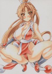 Rule 34 | 1girl, arm guards, blush, breasts, brown eyes, brown hair, cleavage, covered erect nipples, curvy, fatal fury, frown, impossible clothes, large breasts, long hair, marker (medium), mechanical pencil, millipen (medium), pelvic curtain, pencil, pom pom (clothes), ponytail, shiranui mai, simple background, slit pupils, snk, solo, squatting, thighs, traditional media, very long hair, white background, yutakasan-love
